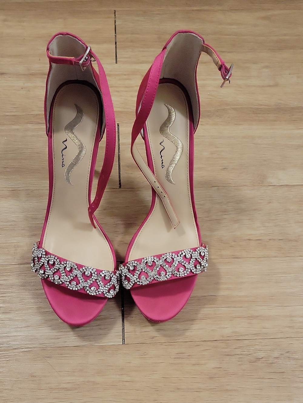 Nina Hot Pink Crystal-Strap Ankle-Heel Sandals